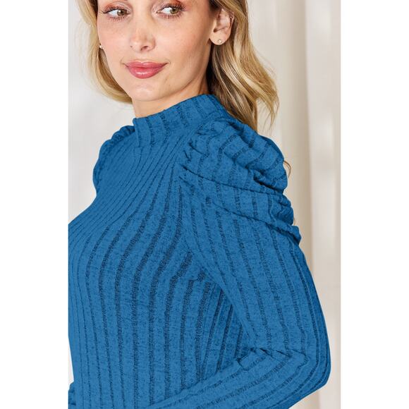 BASIC BAE Blue Ribbed Mock Turtleneck Puff Sleeve Stretchy Top NEW Misses - Picture 4 of 9